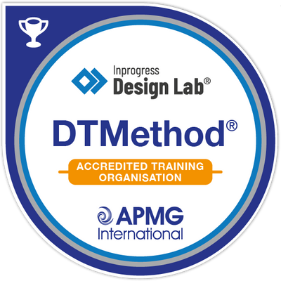 Inprogress Design Lab DTMethod accredited training organization badge with APMG International logo.